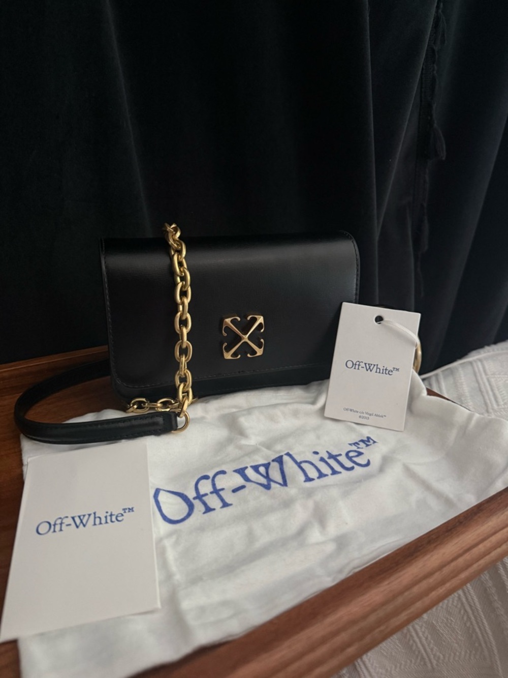 Off-White Black Leather Crossbody with Gold Chain and Logo